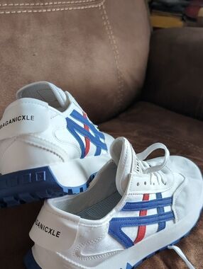 Men's White Athletic Sneakers with Blue & Red Accents